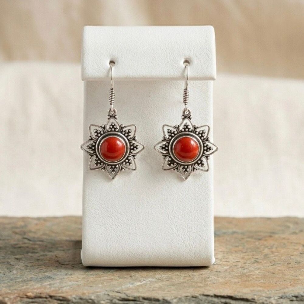 Boho Red Coral Sunburst Floral Drop Silver Dangle Earrings Statement Jewelry New